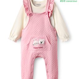 Babyoye 100% Cotton Knit Solid Dyed Full Sleeves T-Shirt & Dungaree With Text Print - Pink-image-48