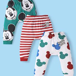 Babyhug DisneyInterlock Knit Full Length Diaper Leggings With Mickey Mouse Graphics Pack of 3 - Green Red & White-image-77