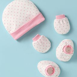 Ben Benny Interlock Knit Polka Dots Printed Cap Mittens & Booties Set Pink & White - Diameter 10.5 cm-14