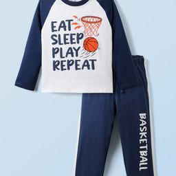 Honeyhap Premium Cotton Knit Full Raglan Sleeves Night Suit with Bio Finish & Basketball Print - Navy Peony & Nectarine-image-81