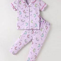 Doreme Single Jersey Knit Half Sleeves Night Suit With Unicorn Print - Lilac-picture-21