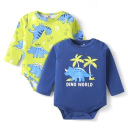 Doodle Poodle 100% Cotton Knit Full Sleeves Dino Printed Onesies Pack of 2 - Navy Blue & Lime Green-image-96