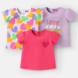 Babyhug Cotton Knit Half Sleeves T-Shirts with Hearts Print Pack of 3 - Pink White & Lavender-image-61