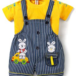 Dapper Dudes Embosis Hosiery Teddy Bear Patch Embroidered Striped Dungaree With Half Sleeves Tee - Yellow-image-99