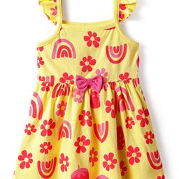 Doodle Poodle 100% Cotton Knit Sleeveless Strappy Frock With Floral Print & Bow Applique - Lemon Yellow-image-18