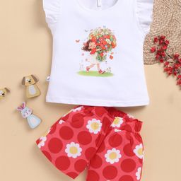 TOONYPORT Cotton Frill Sleeves Cute Girl & Floral Printed Top With Shorts Set - White-image-3