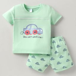 Tango Single Jersey Knit Half Sleeves T-Shirt & Shorts Set with Car Print - Light Green-picture-19