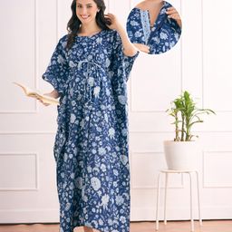Bella Mama Cotton Woven Half Sleeves Maternity Kaftan Nursing Nighty With Floral Print - Blue-picture-22