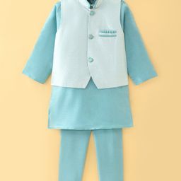 Ridokidz Full Sleeves Solid Kurta & Pyjama With Ethnic Motif Foil Embroidered Jacket Set - Sky Blue-image-105
