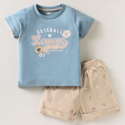 Pink Rabbit Single Jersey Knit Half Sleeves T-Shirt & Shorts Set With Baseball Print - Light Blue-image-71