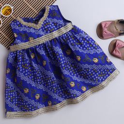 Many frocks & Blended Woven Sleeveless Bandhani Designed Gota Lace Embellished Dress - Blue-image-59