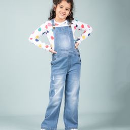 tweeny mini Denim Woven Mild Washed & Distressed Dungaree With Full Sleeves Polka Dots Printed Tee - Blue-image-47