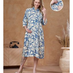 Lovely Mom's Rayon Woven Three Fourth Sleeves Floral Printed Maternity Dress With Nursing Access - Blue-image-12