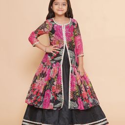 Bitiya By Bhama Silk Blend Woven Three Fourth Sleeves Gota Lace Embellished & Floral Printed Lehenga & Choli Set - Black-image-87