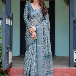all about you Floral Printed Zari Pure Linen Saree-image-74