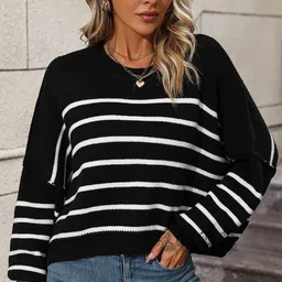 StyleCast Women Striped Round Neck Crop Pullover-picture-13