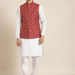 SOJANYA Men White Chikankari Pure Cotton Kurta with Churidar & Nehru Jacket-image-89