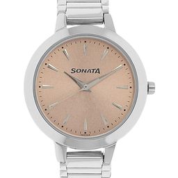 Sonata Unisex Beige & Silver-Toned Analogue Watch NL87011PP02A-16
