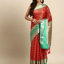 Silk Land Red Striped Zari Silk Blend Paithani Saree-image-86