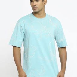 Basics Blue Cotton Relaxed Fit Printed T-Shirt-image-25