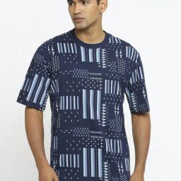 Basics Navy Cotton Relaxed Fit Printed T-Shirt-image-20