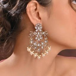 Fida Gold-Plated White Kundan Pearl Floral Chand Bali Earrings for Women-74