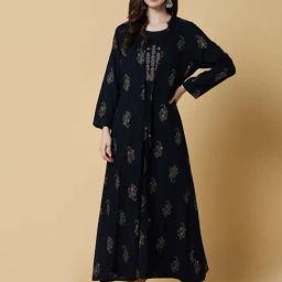 SHOWOFF Navy Printed A Line Kurta With Shrug-image-63
