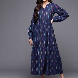Varanga Self Design Puff Sleeves Tiered A-Line Midi Dress-image-65