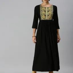 SHOWOFF Black Cotton Embroidered Calf Length Anarkali Kurta-image-78