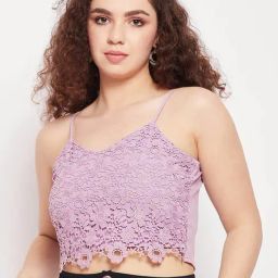 MADAME Purple Lace Self Design Crop Top-image-37