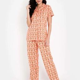 Clovia Peach Cotton Floral Print Shirt & Pyjama Set-image-56