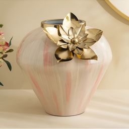 Home Centre Tamaira Colt Beige & Pink Floral Metal Vase-image-27