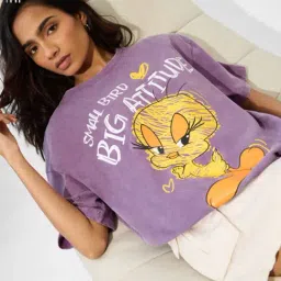 The Souled Store Purple Cotton Graphic Print Oversized T-Shirt-picture-48