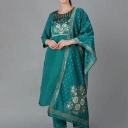 Vaamsi Green Woven Pattern Kurta Pant Set With Dupatta-image-7