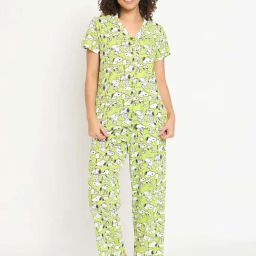 Clovia Green Cotton Printed Shirt & Pyjama Set-image-64