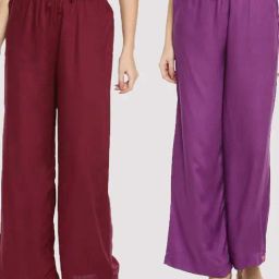 TWIN BIRDS Maroon & Purple Mid Rise Palazzos - Pack Of 2-image-40
