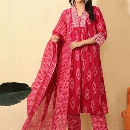 Sangria Women Ethnic Motifs Printed Tiered Thread Work Pure Cotton Kurta with Trousers & With Dupatta-picture-17