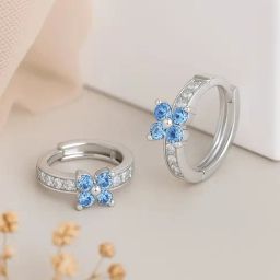 Zavya 925 Sterling Silver Blue Bloom Pave Hug Rhodium Plated Huggie Earrings for Women-picture-25