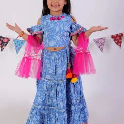 Lil Drama Kids Blue & Pink Floral Print Ghagra, Choli with Dupatta-image-33