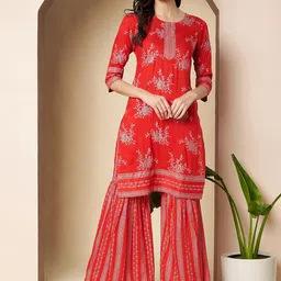 Poshak Hub Women Floral Printed Round Neck Regular Kurti with Sharara-30