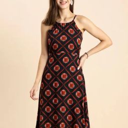 Moomaya Black Printed A Line Dress-image-37