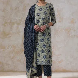 Moara Women Floral Embroidered Regular Thread Work Pure Cotton Kurta with Trousers & With Dupatta-picture-23