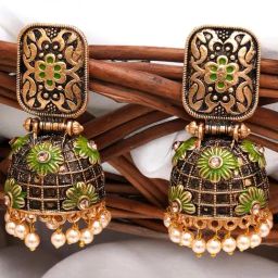 Karatcart Antique Gold-Plated Floral Light Green Studded Jhumki Earrings for Women-29
