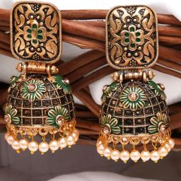 Karatcart Antique Gold-Plated Floral Green Studded Jhumki Earrings for Women-image-96
