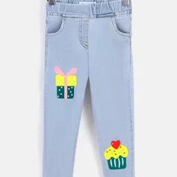 Kookie Kids Cotton Lycra Full Length Denim Jeans with Muffin Print - Light Blue-picture-10