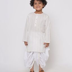 Little Bansi Multi Color Thread Work Kurta With Pearl Buttons & Dhoti - White-image-69