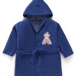 Doodle Poodle Terry Knit Full Sleeves Hooded Bath Robe With Elephant Patch- Navy Blue-image-103
