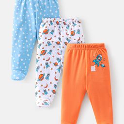 Babyhug Cotton Knit Footed Bootie Leggings Space Printed Pack of 3  - Blue & Orange-image-97