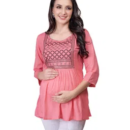 Mom for sure by Ketki Dalal Three Fourth Sleeves Yoke Embroidered & Sequin Embellished Kurti - Peach-picture-38