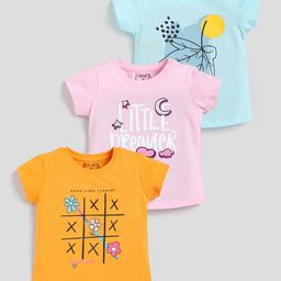 giniekids Pack Of 3 Half Sleeves Little Dreamer Text Printed Tees - Orange Pink & Blue-image-70
